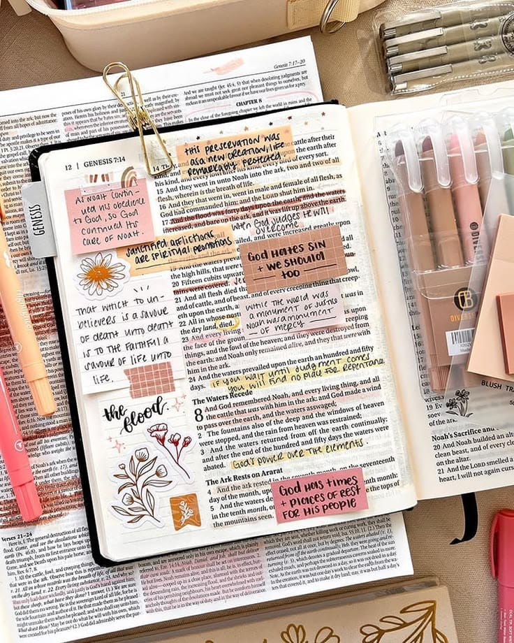 Biblia journaling con stickers, notas y resaltadores
