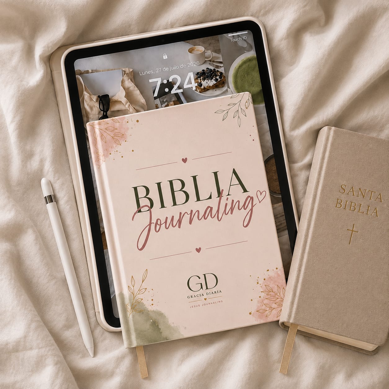 Biblia Journaling Gracia Diaria junto a tablet y Santa Biblia